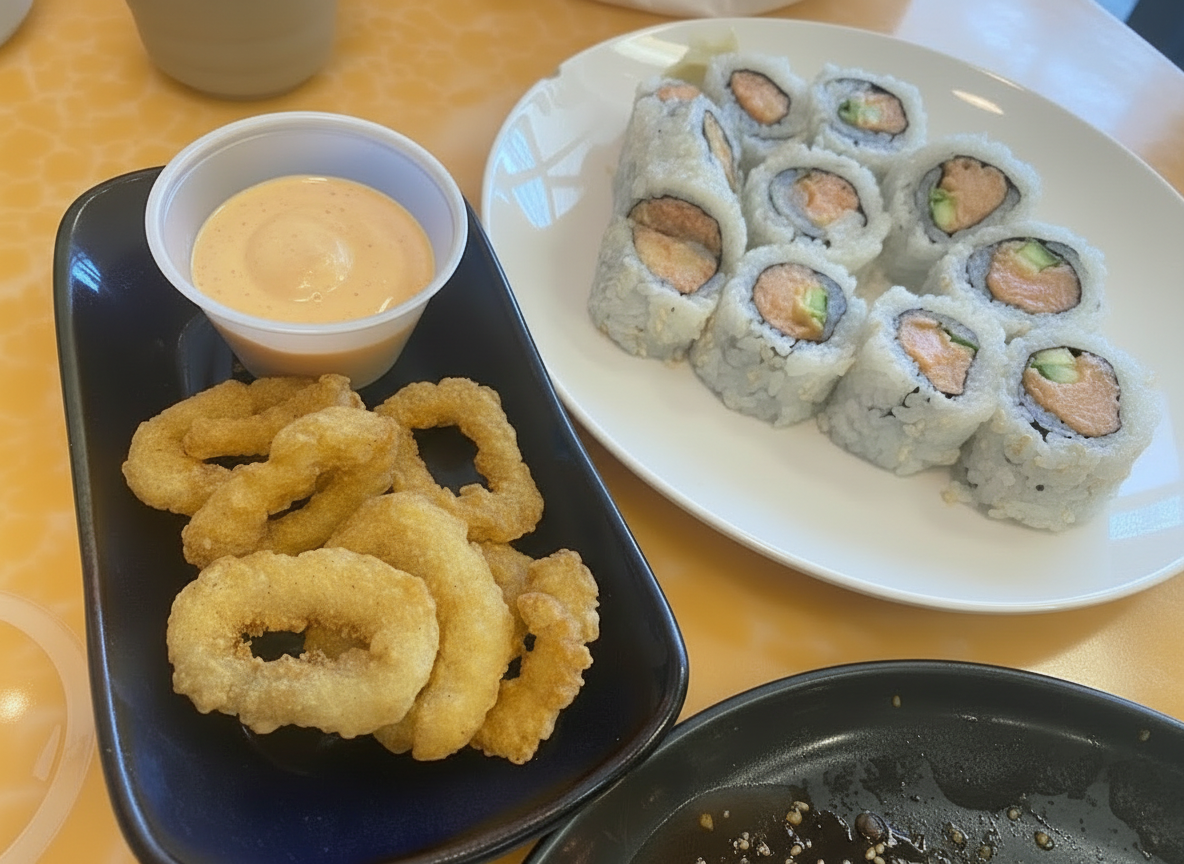Crispy calamari rings with spicy mayo sauce appetizer.