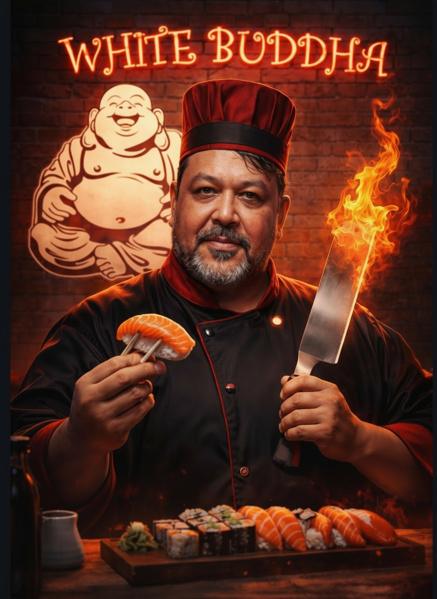 Chef Hugo holding fresh salmon sushi and a knife with flames in the background at White Buddha Louisville